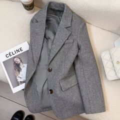 灰色人字纹毛呢西装外套女2025新款秋冬季小个子复古通勤休闲上衣
