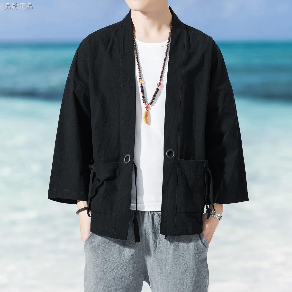 Summer Chinese style men's kimono cardigan jacket, three-quarter sleeve linen shirt, loose Japanese style robe cape