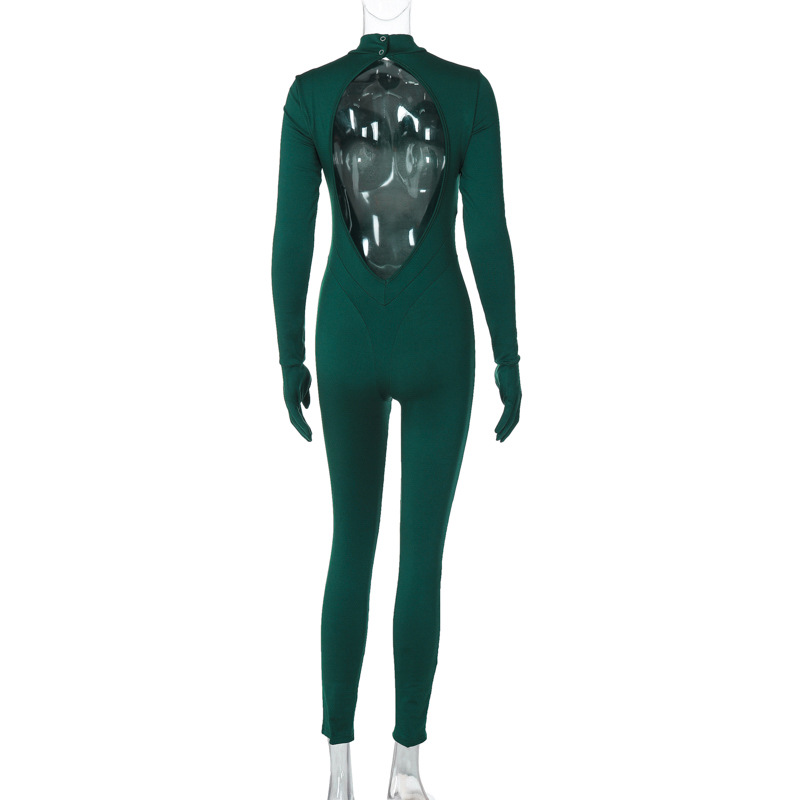 Women Clothing Winter Sexy Backless Slim Fit Solid Color Long Sleeve Jumpsuit