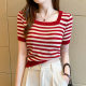 Black and White Ice Silk Striped Sweater Short-sleeved T-shirt Women's 2025 Summer New Shoulder Thin Square Collar Short Top
