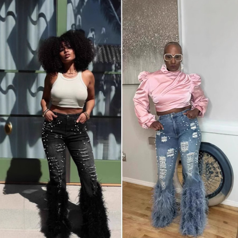 New Stretch Jeans Independent Station Amazon European and American Versatile High Waist Stressed Pearl Embellished Feather Jeans