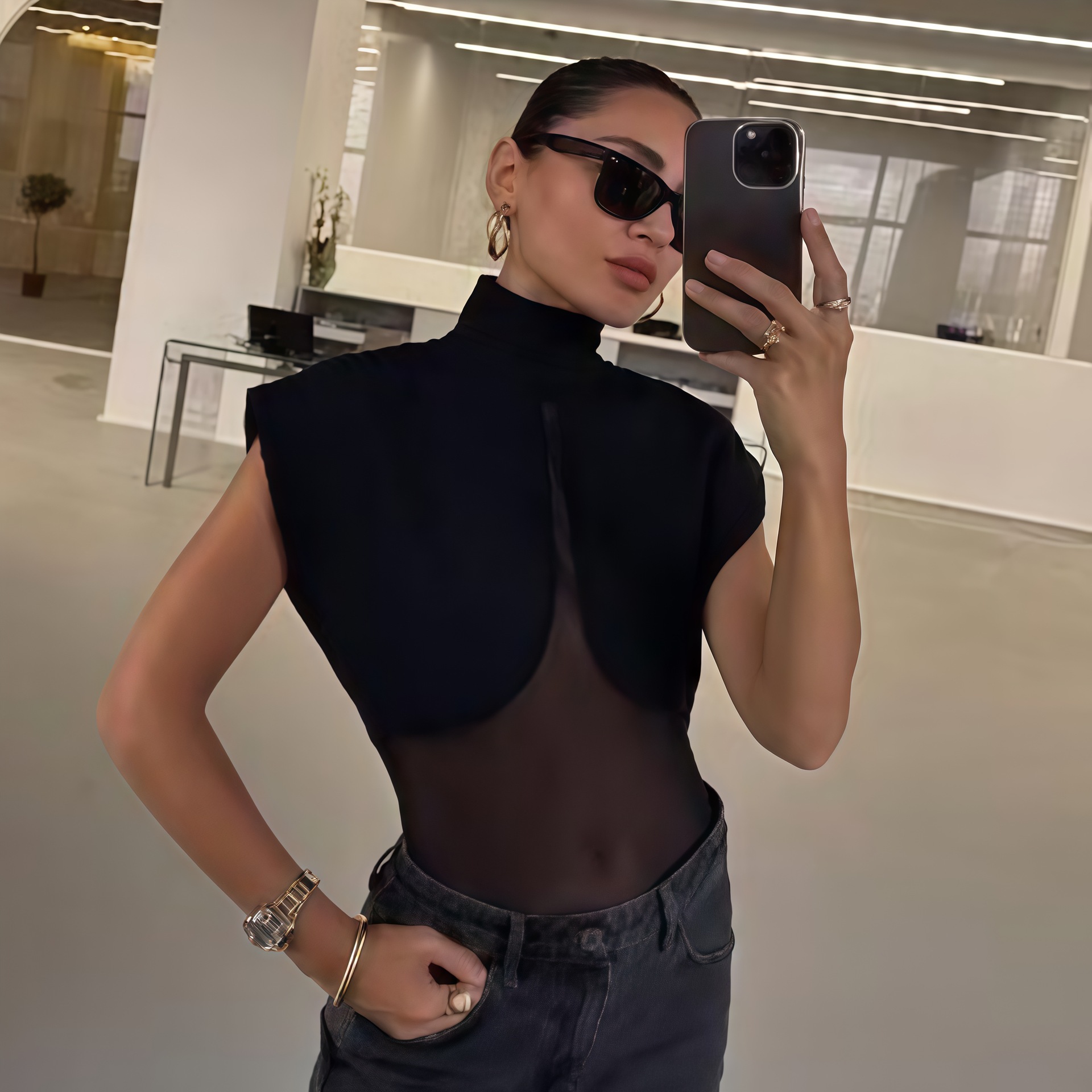 European and American style see-through sexy mesh splicing stand-up collar sleeveless slim-fit jumpsuit for women, new black layered jumpsuit