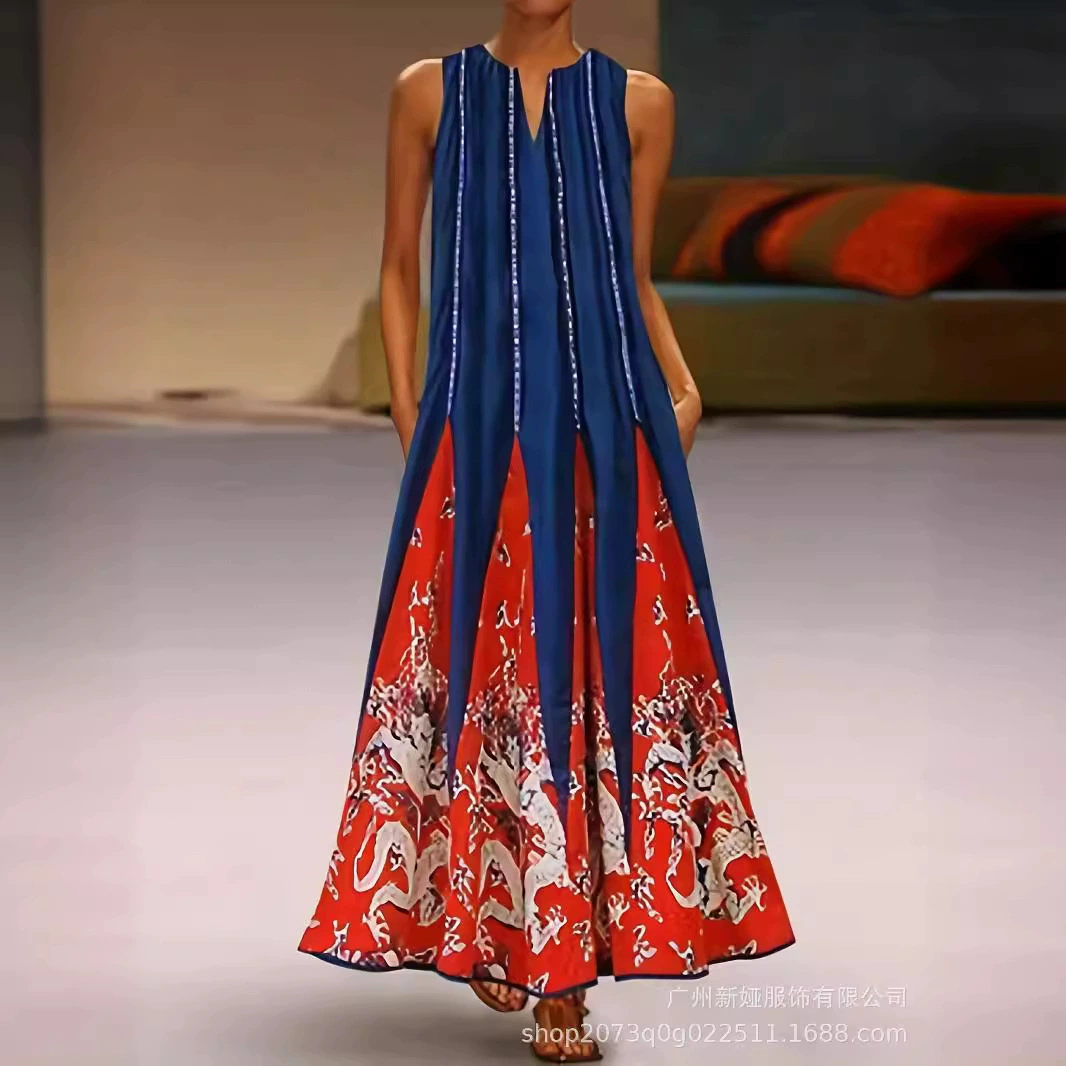 AliExpress новый 2024 европейские и американские женщины ретро принт платье с V-образным вырезом без рукавов