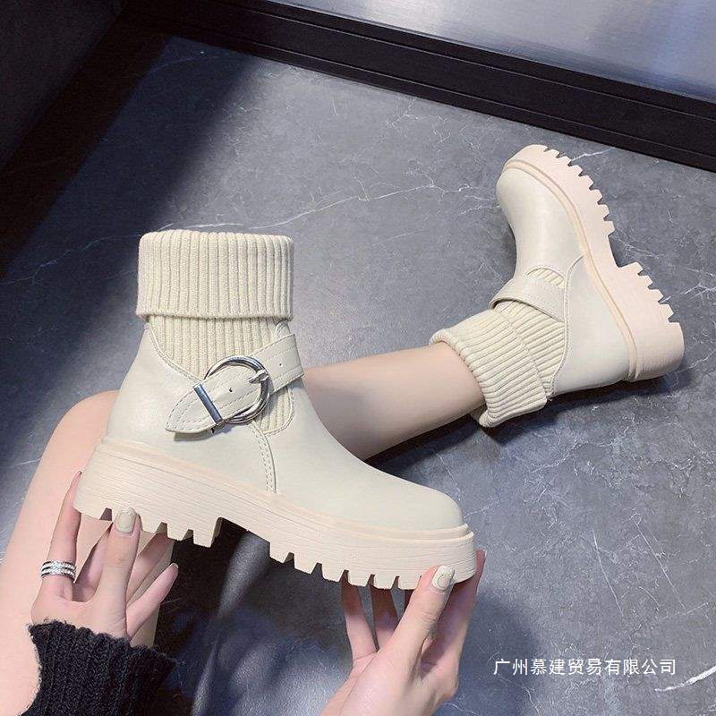夏毛线口短靴女新品粗跟厚底新品短筒马丁靴保暖加绒新品皮靴
