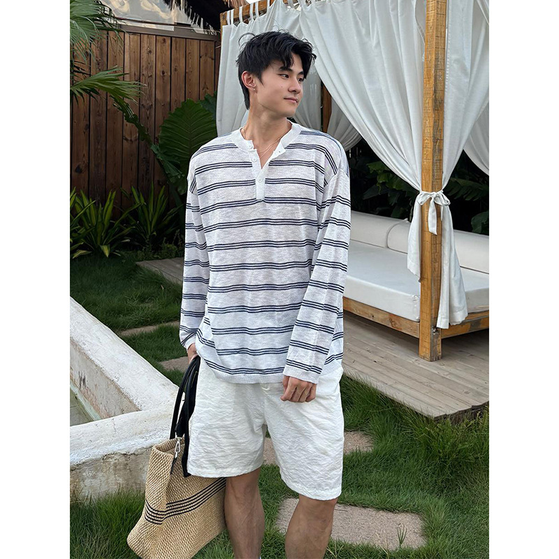 Blue and White American-Style Henry Collar Striped T-Shirt for Men, Lightweight and Casual Long-Sleeve Top, Cleanfit Sun Protection Jacket Blue and White American-Style Henry Collar Striped T-Shirt for Men, Lightweight and Casual Long-Sleeve Top, Cleanfit Sun Protection Jacket