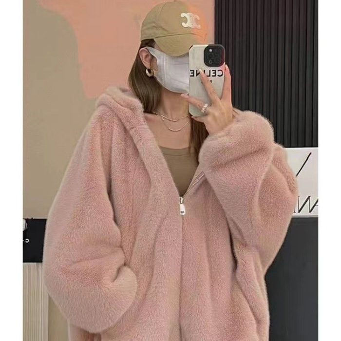 2025秋冬女加厚宽松连帽仿羊羔毛皮毛一体毛绒外套女棉服拉链上衣|undefined