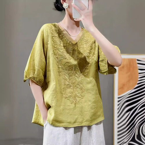 Ladies' Summer Thin V-Neck Embroidered Workmanship Casual Wearable Thin Cotton-Linen Shirt