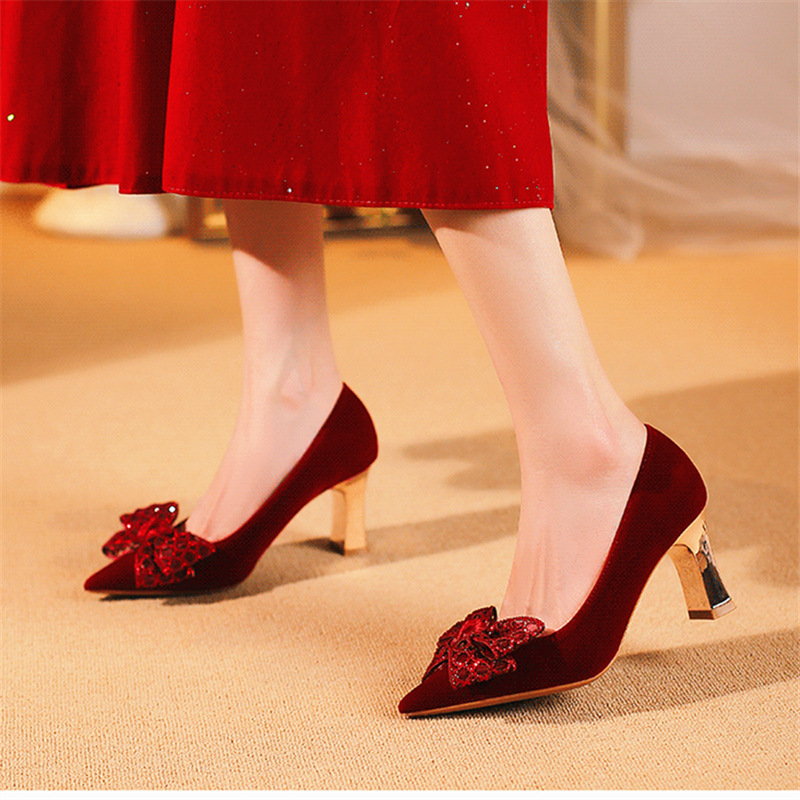 Wedding Shoes for Women 2025 Autumn New Pointed Toe Shallow High Heels with Bowknot Fashion Chunky Heel Women's Shoes Wholesale in Stock