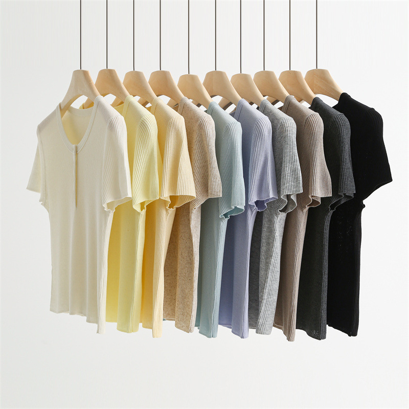 Summer Breathable Tianshuang Linen Henry Collar Shoulder Short-sleeved T-shirt Round Neck Slim-fit Sweater Thin Top 5165