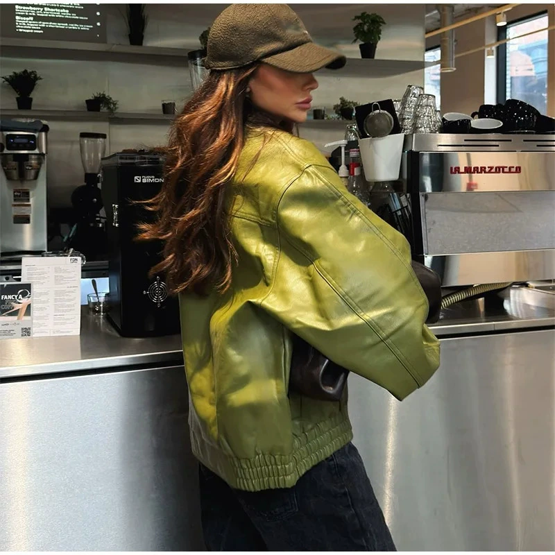 Европейские и американские трансграничные 2024 осенние и зимние женские куртки персонализированные уличные ретро зеленые кожаные куртки с отворотом женские куртки