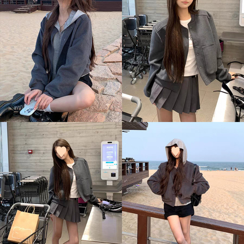 短款外套女开春季2025新款春装火减龄灰色夹克棒球服|undefined