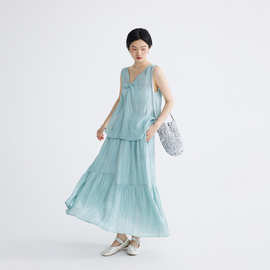女装夏季女套装裙 两件套 海蓝扎染天丝苎麻背心 短袖 半身裙