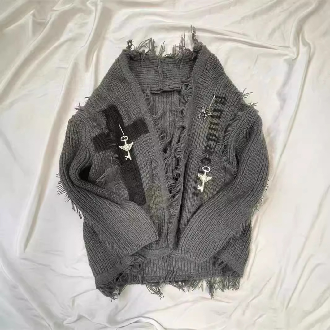 Herrenbekleidung Dark Subculture Retro Distressed Cardigan Sweater Zerrissene Punk-Strickjacke mittlerer Länge für Herren und Damen_voghion.com