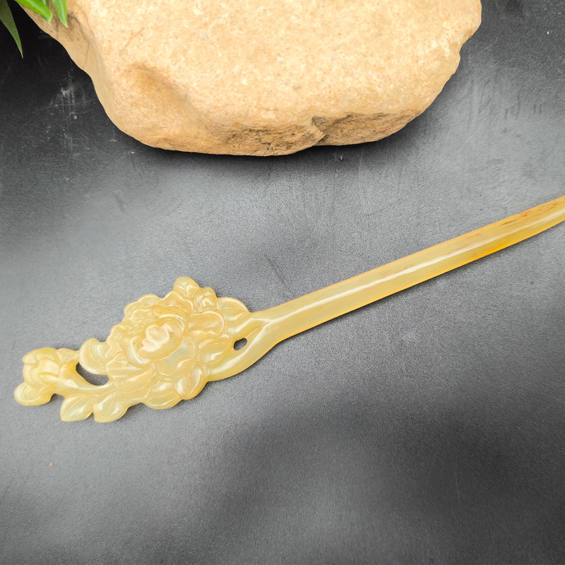 天然牛羊角双面雕刻牡丹花造型发簪汉服发饰搭配古风创意簪子复古|undefined