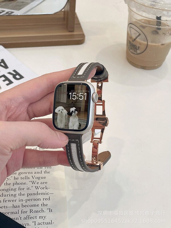 Korean style canvas leather butterfly buckle strap suitable for AppleWatch8 Apple Watch iwatch1-7SE thin women