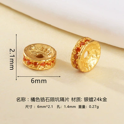Zərgərlik ara hissələri, 925 Silver Gold-Plated Zircon-Inlaid - 6mm-orange-zircon-crater-spacer