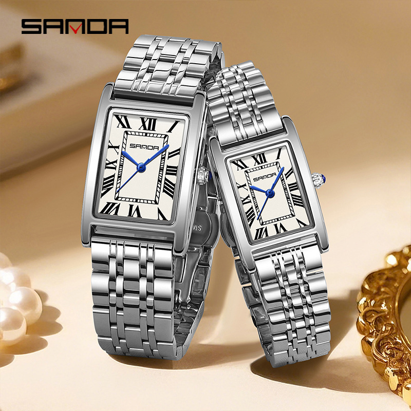 Sanda New Couple Watch Classic Roman Scale Square Quartz Watch Niche Light Luxury Steel Band Business Waterproof Watch