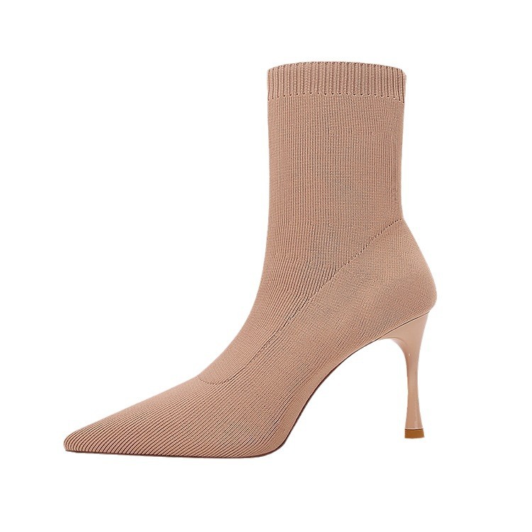 Botas de Primavera 2025 para Mujer, Botines de Tacón Alto, Botas Cortas de Punto para Primavera y Otoño, Botines de Punta con Tacón Fino.