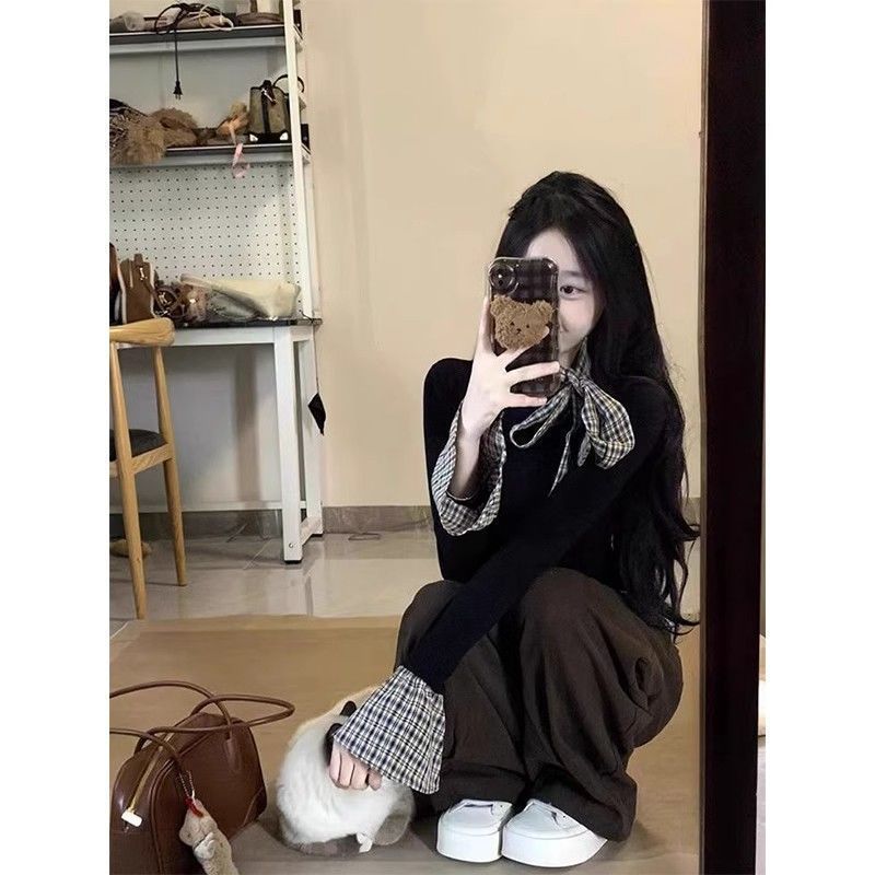 韩系chic假两件长袖t恤女春秋新款格纹拼接修身内搭打底衫上衣潮|undefined