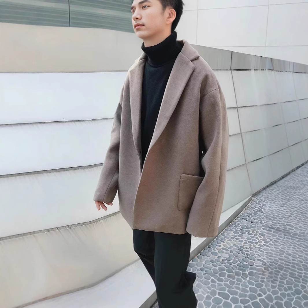두꺼운 모직 재킷 남자의 가을과 겨울 하이 엔드 센스 중간 길이의 윈드 브레이커 캐주얼 모직 재킷 트렌디 세트