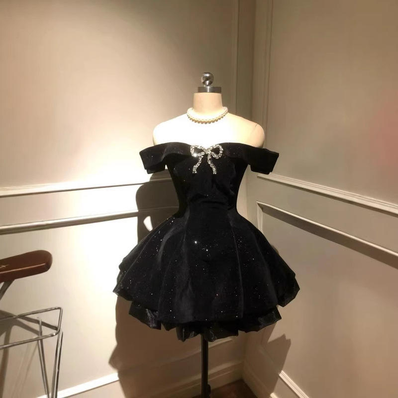 Birthday Party Dress, High-End Luxury Niche Princess Tutu Dress, Strapless One-Shoulder Velvet Dress