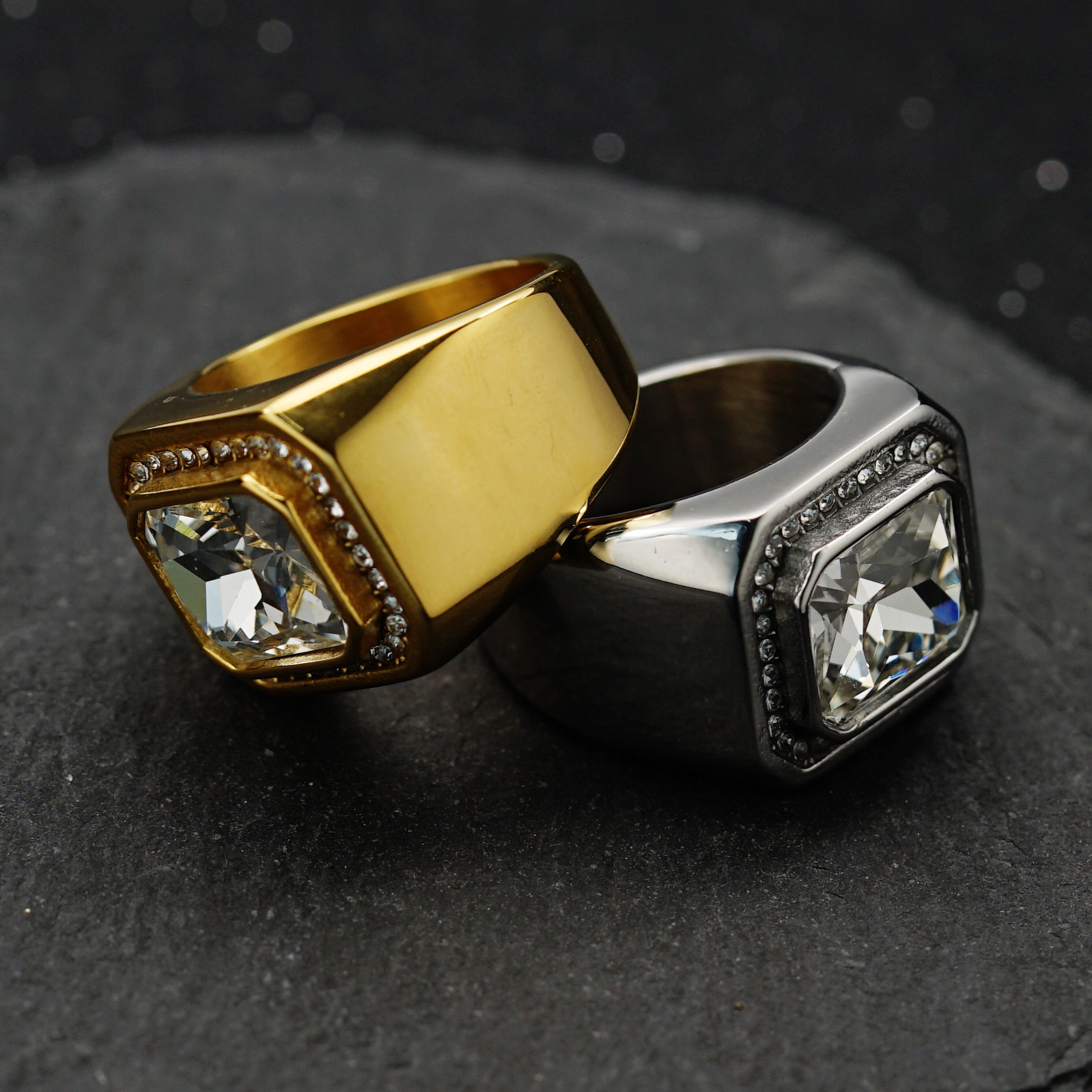 Rhinestones Inlay Material Hip-Hop 316 Stainless Steel Solid Color Men Signet Rings