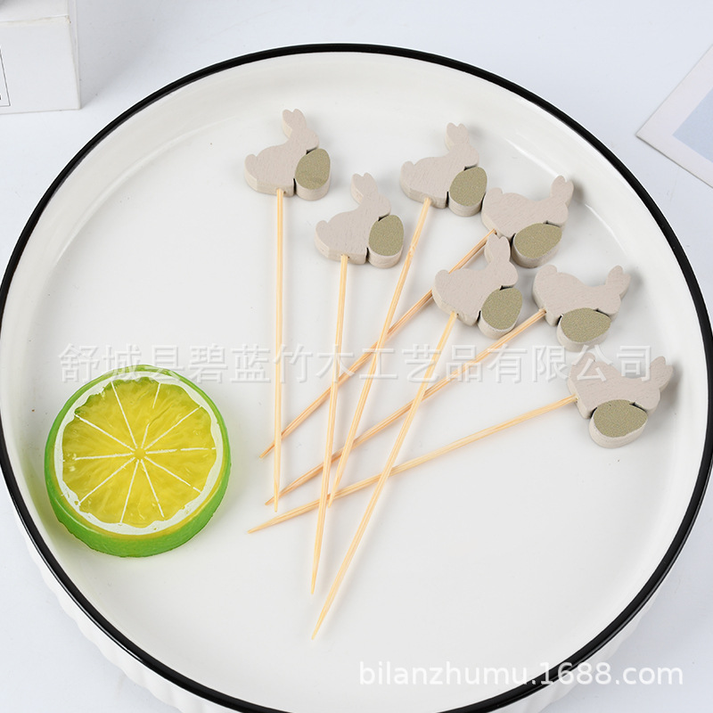 Fábrica suministro de conejo horquilla de fruta creativa animal decoración horquilla de fruta bandeja de bambú desechable horquilla de moda