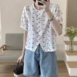 2025新款宽松碎花衬衫夏文艺灯袖波点衬衣女短款上衣白色浅黄色