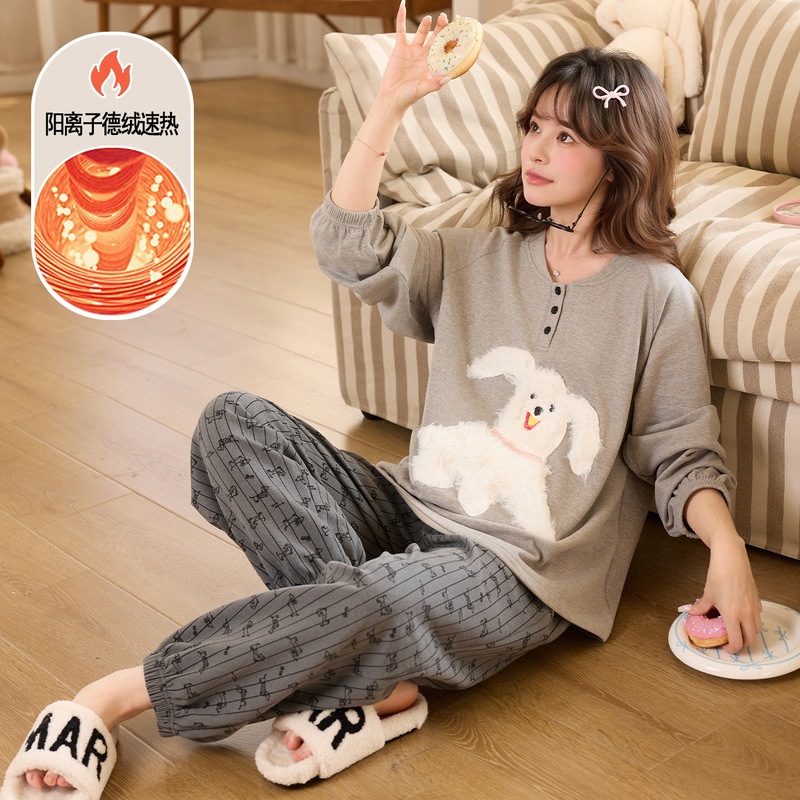 Autumn and Winter Women's Pajamas, Silk Wool, Thickened Thermal Long-Sleeve Round-Neck Buttoned Thermal Home Wear, Live Broadcast Style