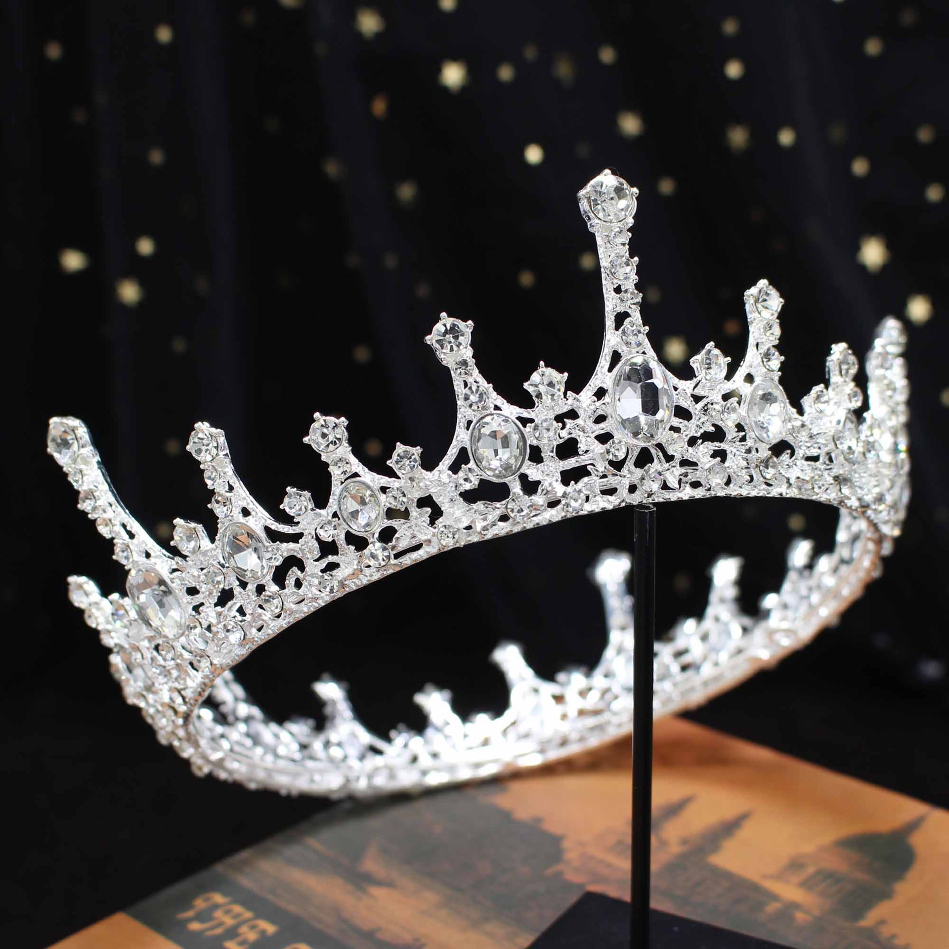 H1104巴洛克新娘大皇冠 欧美流行合金水钻银色叶子头饰发箍王冠-阿里巴巴
