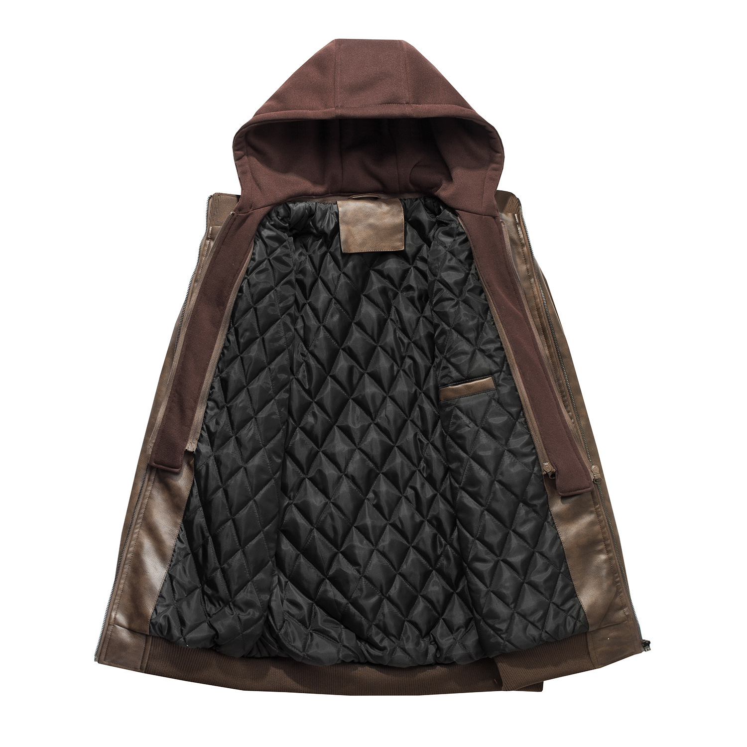 美码男士休闲外贸机车PU皮衣夹棉保暖外套加厚可拆卸连帽大码夹克