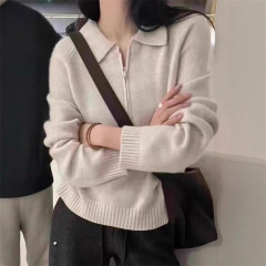 日韩秋冬2025新款慵懒纯色毛衣女polo领半拉链针织开衫设计感上衣