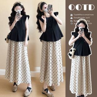 Maternity Wear Summer Dress with Small Flutter Sleeves, Babydoll Top, 2025 New Retro Polka Dot Skirt, Summer Two-Piece Set