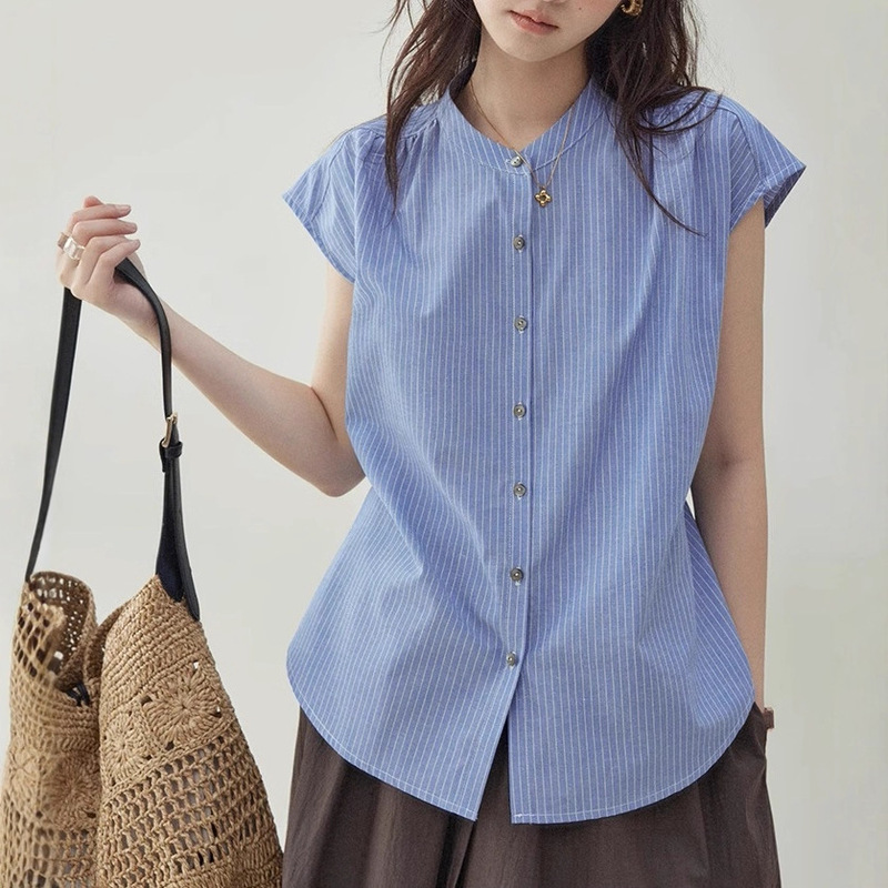 "Beidao" Blue Striped Back-Tie Flutter-Sleeve Shirt for Women, New Summer Style Loose Button-Up Top "Beidao" Blue Striped Back-Tie Flutter-Sleeve Shirt for Women, New Summer Style Loose Button-Up Top