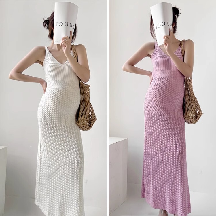 Sense Maternity Summer French Elegant V-neck Knitted Sling dress Summer Slim-fit Inner Vacation Dress