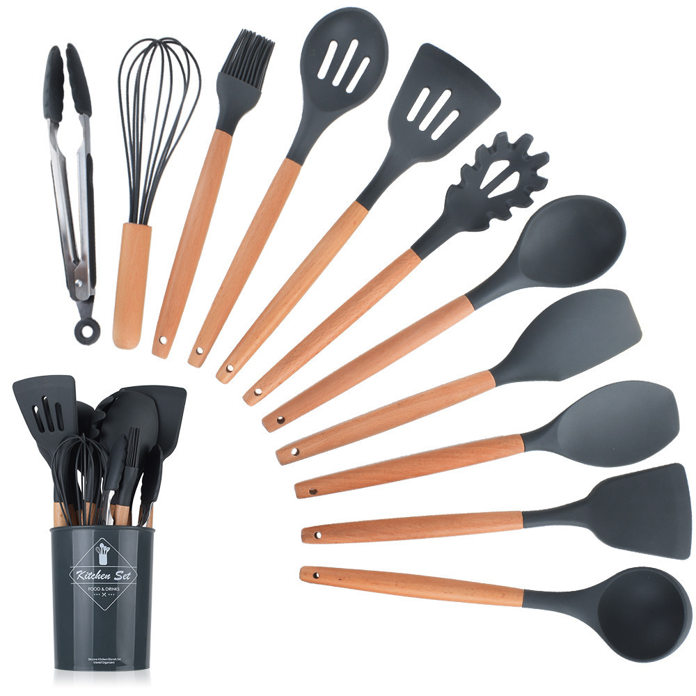 Utensilios de cocina de silicona, mango de madera, juego de 12 piezas, pala de cocina, sartén antiadherente, juego de utensilios de cocina para cocinar y hornear image 18