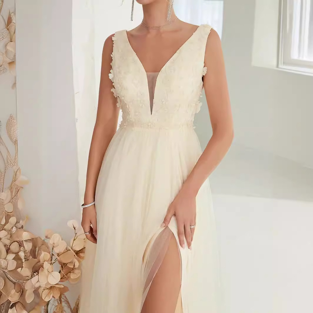 Vestido de noche, nuevo estilo, estilo Amazon, sexy, con cuello en V, sin mangas, de encaje, vestido de novia, TikTok