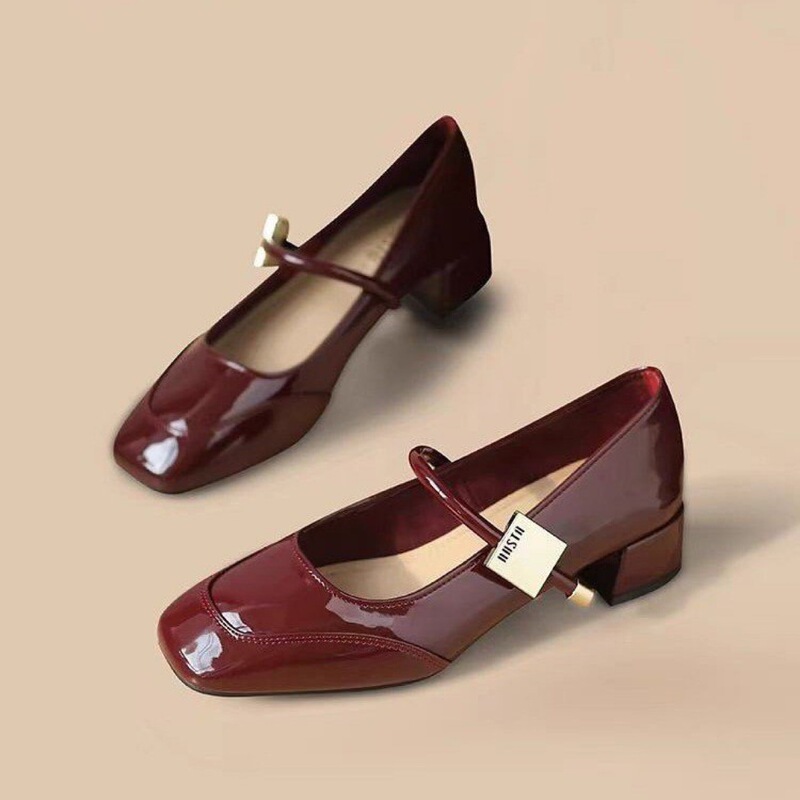 Red Thick Heel Flats for Women 2024 Spring and Autum New Women's Small Leather Shoes French Style Beautiful Mary Jane Shoes
