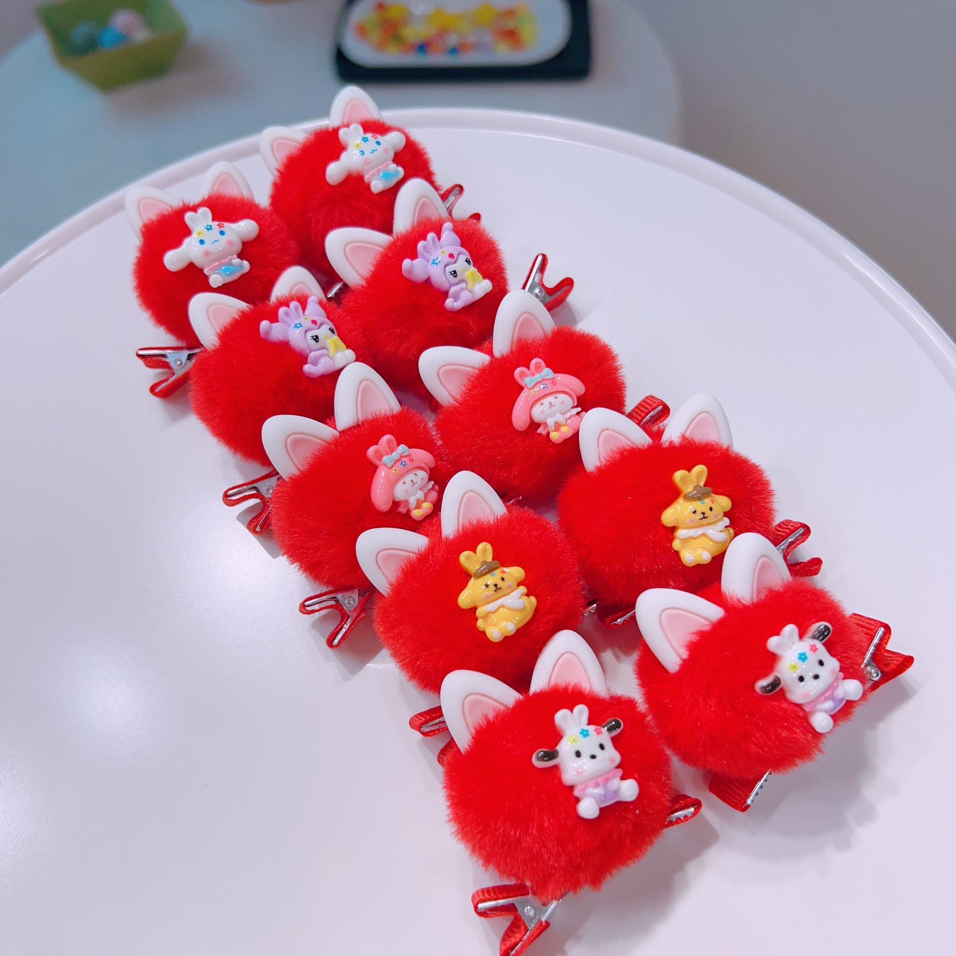 4#Red plush rabbit ears of the Sanye group hair clip mixed colors of 10 shots