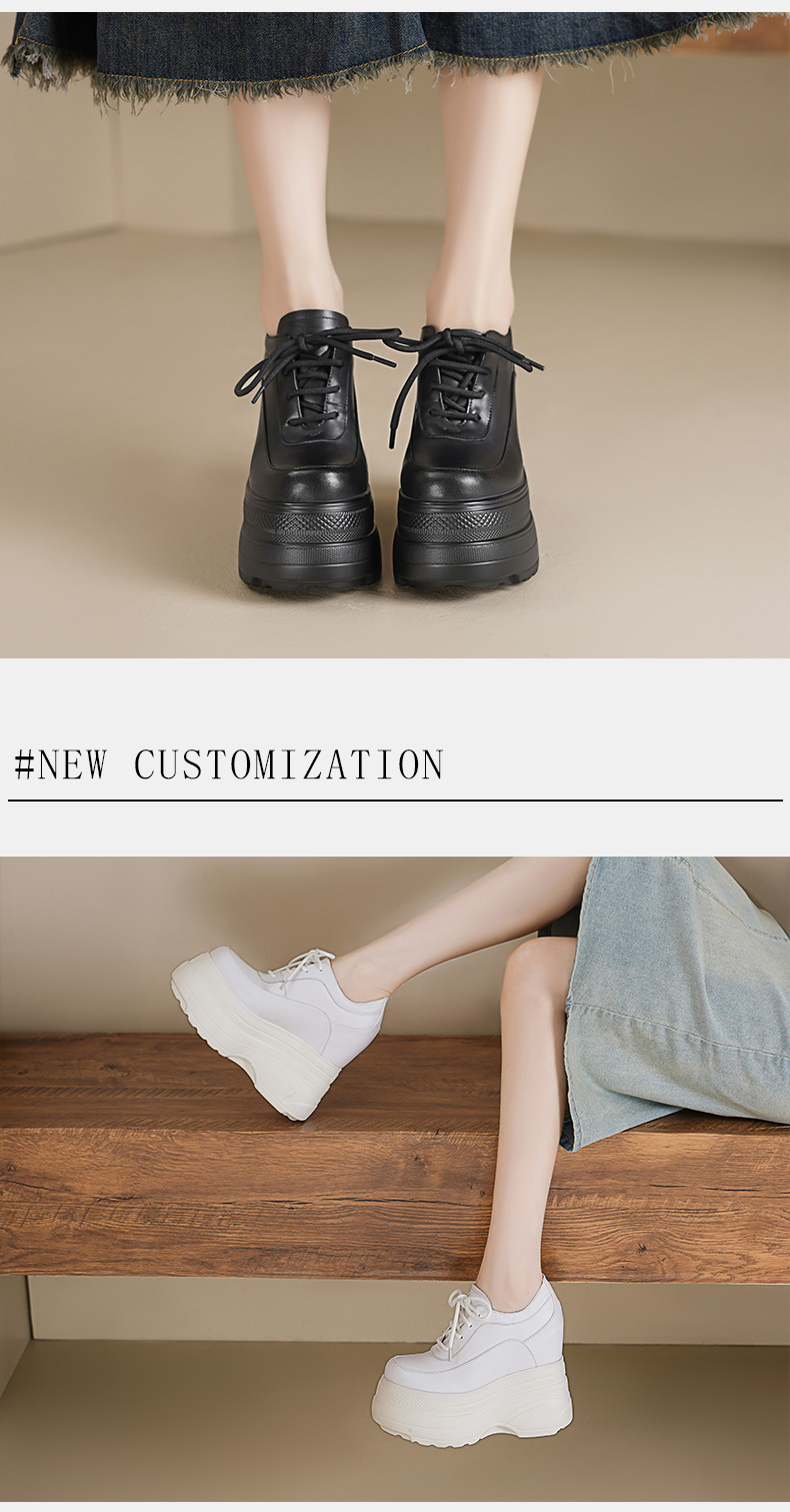 Giày sneaker nữ chunky đế dày da bò tăng chiều cao phong cách thể thao — Màu đen, Màu trắng chi tiết 5