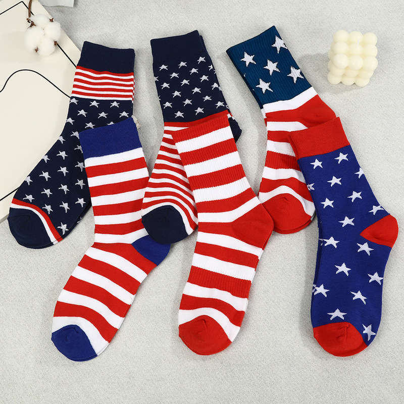 American-Style Stars and Stripes Mid-Calf Socks, Unisex Trendy Niche Style, Color-Blocking Socks, Street Style Versatile Cotton Socks American-Style Stars and Stripes Mid-Calf Socks, Unisex Trendy Niche Style, Color-Blocking Socks, Street Style Versatile Cotton Socks