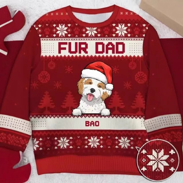 2026 Christmas FUR DAD Puppy Crew Neck Sweatshirt with Christmas Hat Cute Dog Snowflake Christmas Tree Holiday Top 2026 Christmas FUR DAD Puppy Crew Neck Sweatshirt with Christmas Hat Cute Dog Snowflake Christmas Tree Holiday Top