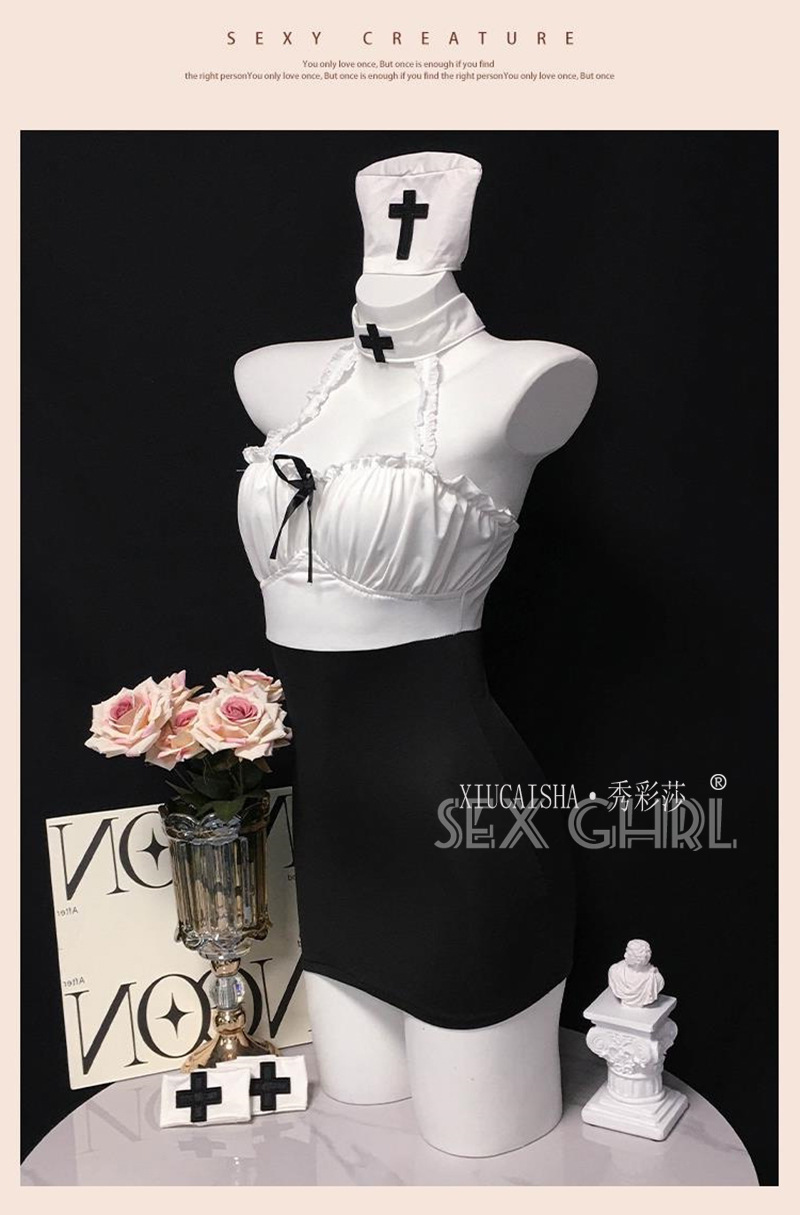 Nurse Role Play Lingerie Set with Headpiece, Mini Skirt, Wrist Bands and Thong — detail image 11