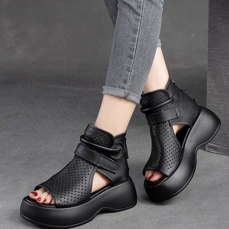 Sommer-Muffin-Sandalen mit dicken Sohlen, Oberbekleidung, Mikrofaser, Retro-Stil, hochhackige Fischmaul-Hohlstiefel, römische Damensandalen_voghion.com