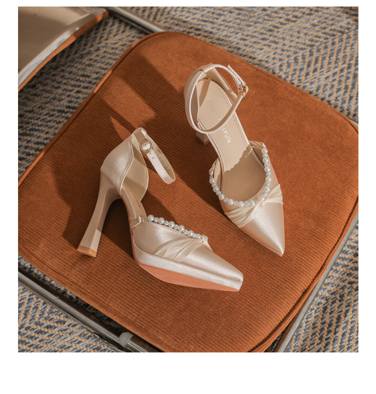 Sandal cao gót nữ Jin Gang YY10506 mũi nhọn hở mũi gót thô đế chống nước — Màu sâm panh chi tiết 24