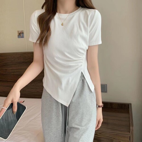 Unstructured Women's T-Shirt 2025 Summer Korean Version Slimming High-Waisted Side Slit French Splicing T-shirt Top