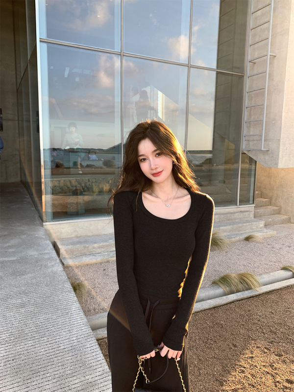 alex stevens U领纯色打底衫弹力棉修身显瘦上衣女长袖保暖衣|undefined