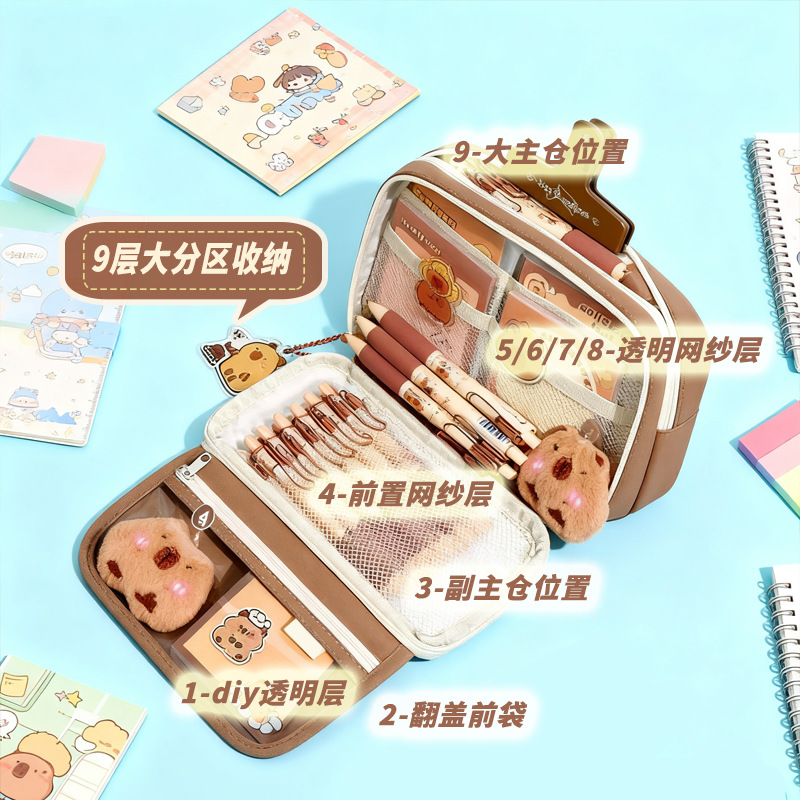 Suministros escolares estuche para lápices transparente de 9 capas para estudiantes estuche para lápices de secundaria, estuche para papelería, gran capacidad, leche linda y resistente a las manchas