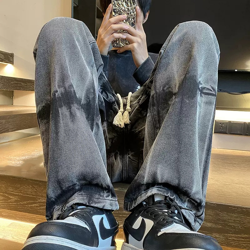 Pantalones europeos y americanos High Street Vibe ins marca de moda tie-dyed vintage drawstring jeans hombres American hiphop Pantalones rectos