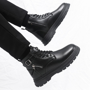 Large Size Men's Leather Boots Autumn New British Style Martin Boots Men's Boots Leather Solid Color Black